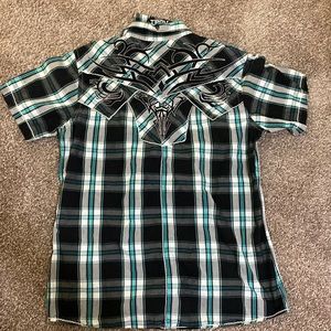 Mens Roar short sleeve plaid button up shirt size Large.